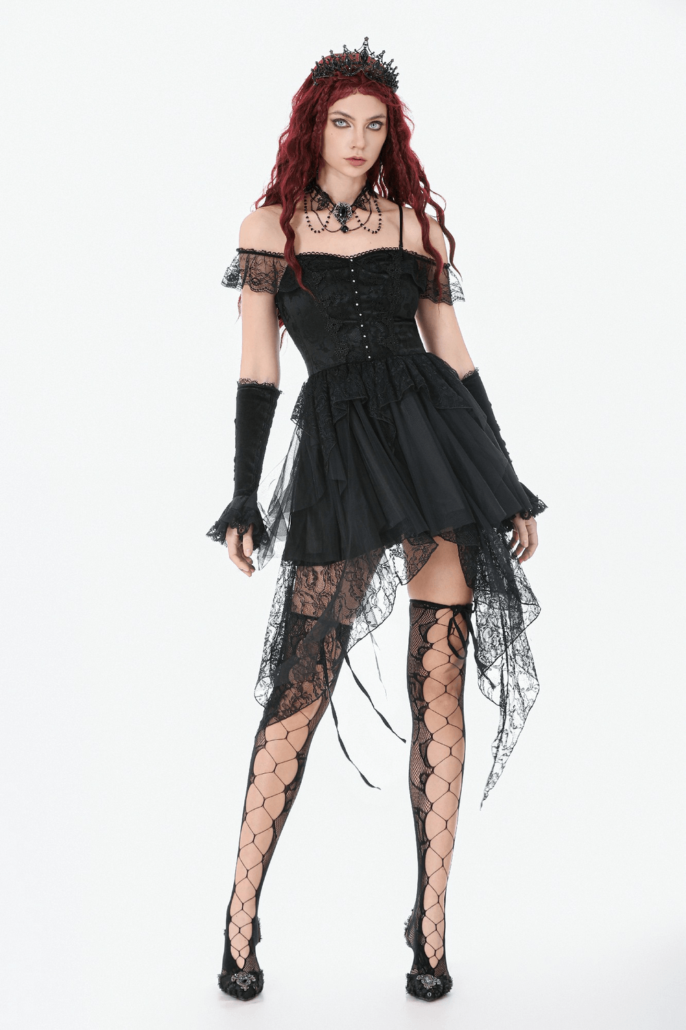 Gothic Lace High Low Corset Dress with Tulle Skirt modeled by a model in black off-shoulder dress and lace accessories.