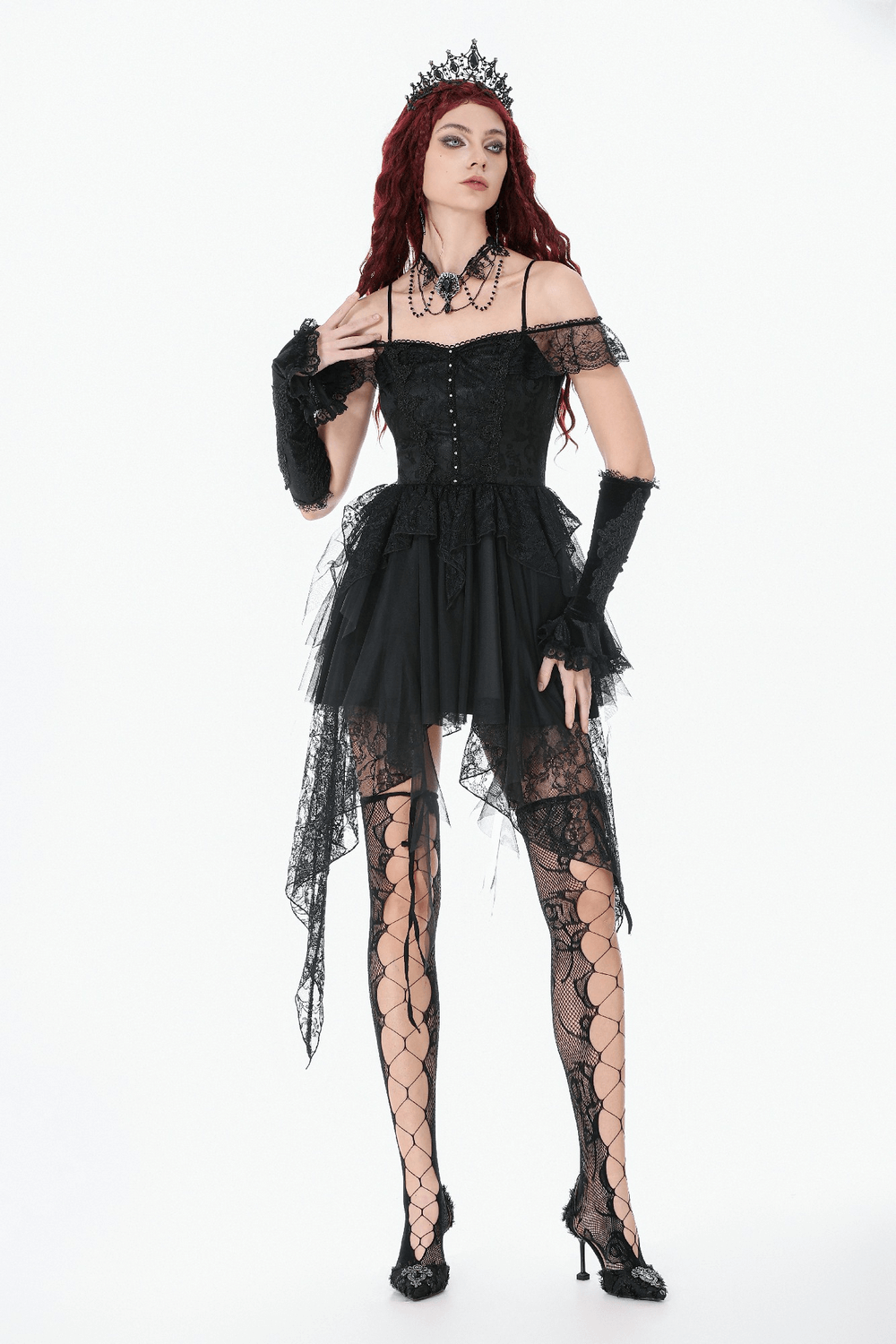 Gothic Lace High Low Corset Dress with Tulle Skirt featuring off-shoulder sleeves and dramatic lace details.