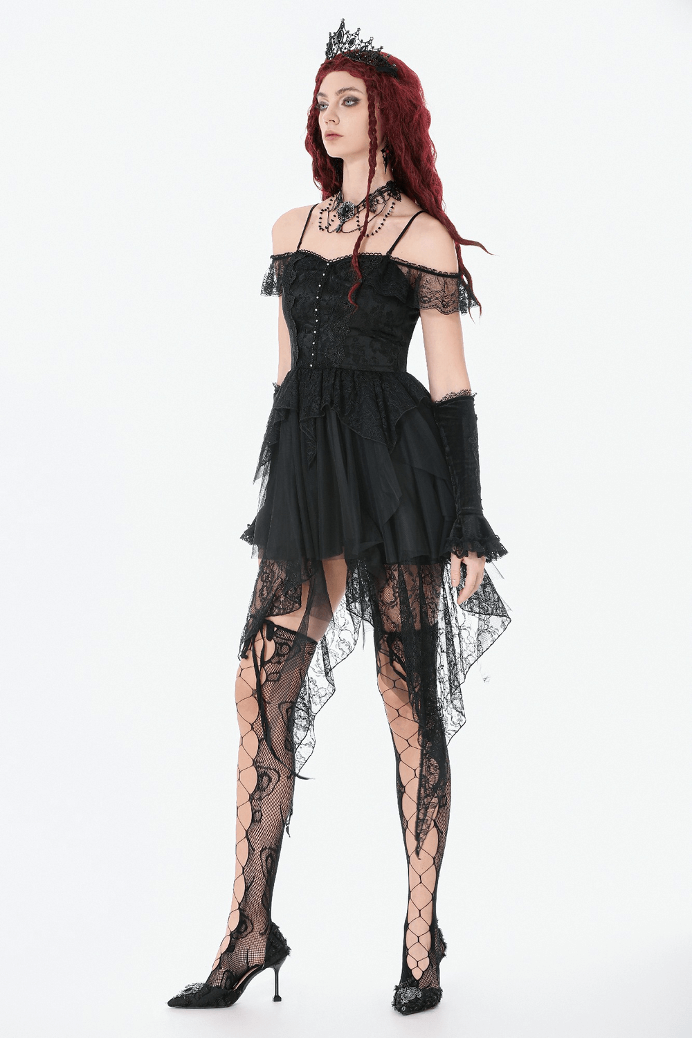 Gothic Lace High Low Corset Dress with Tulle Skirt featuring off-shoulder design and dramatic high-low hem.