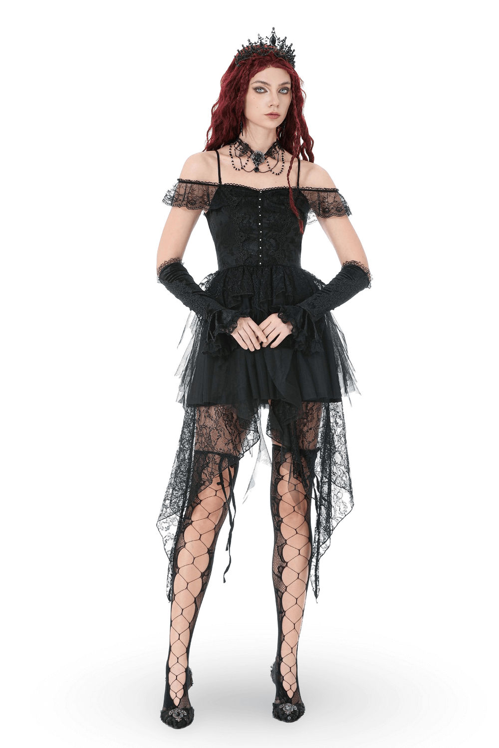 Gothic Lace High Low Corset Dress with Tulle Skirt showcased on model, featuring off-shoulder design and dramatic high-low hem.