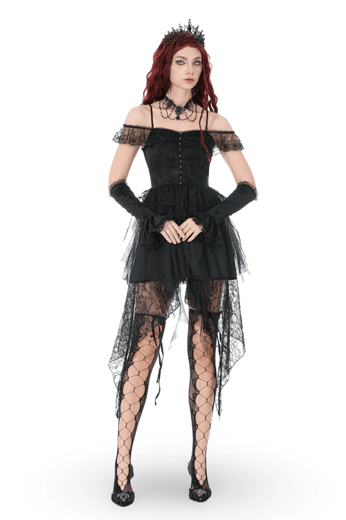 Vestido Corsé Gótico de Encaje Alto Bajo con Falda de Tul