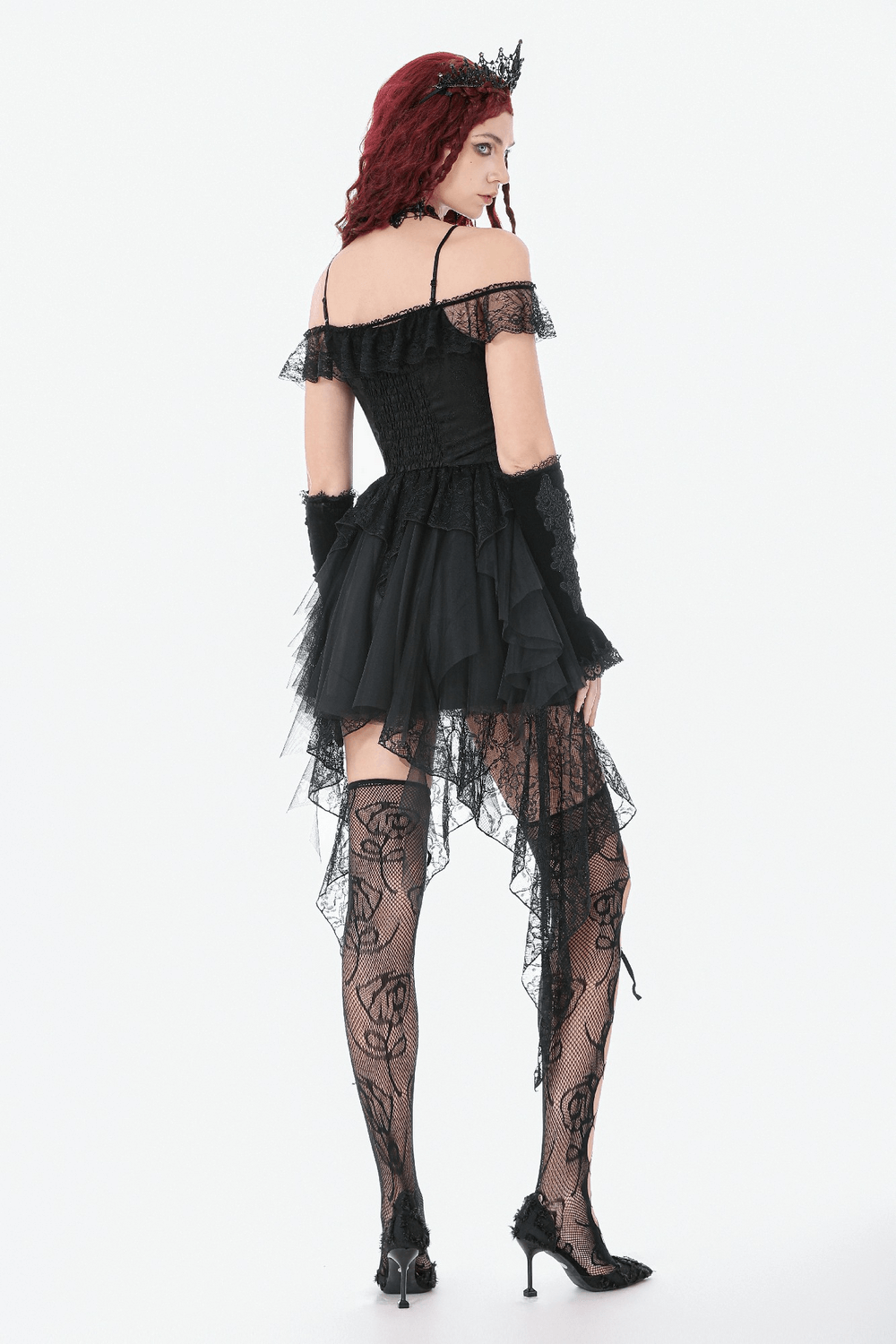 Gothic Lace High Low Corset Dress with Tulle Skirt showcased on a model from the back, wearing striking accessories.