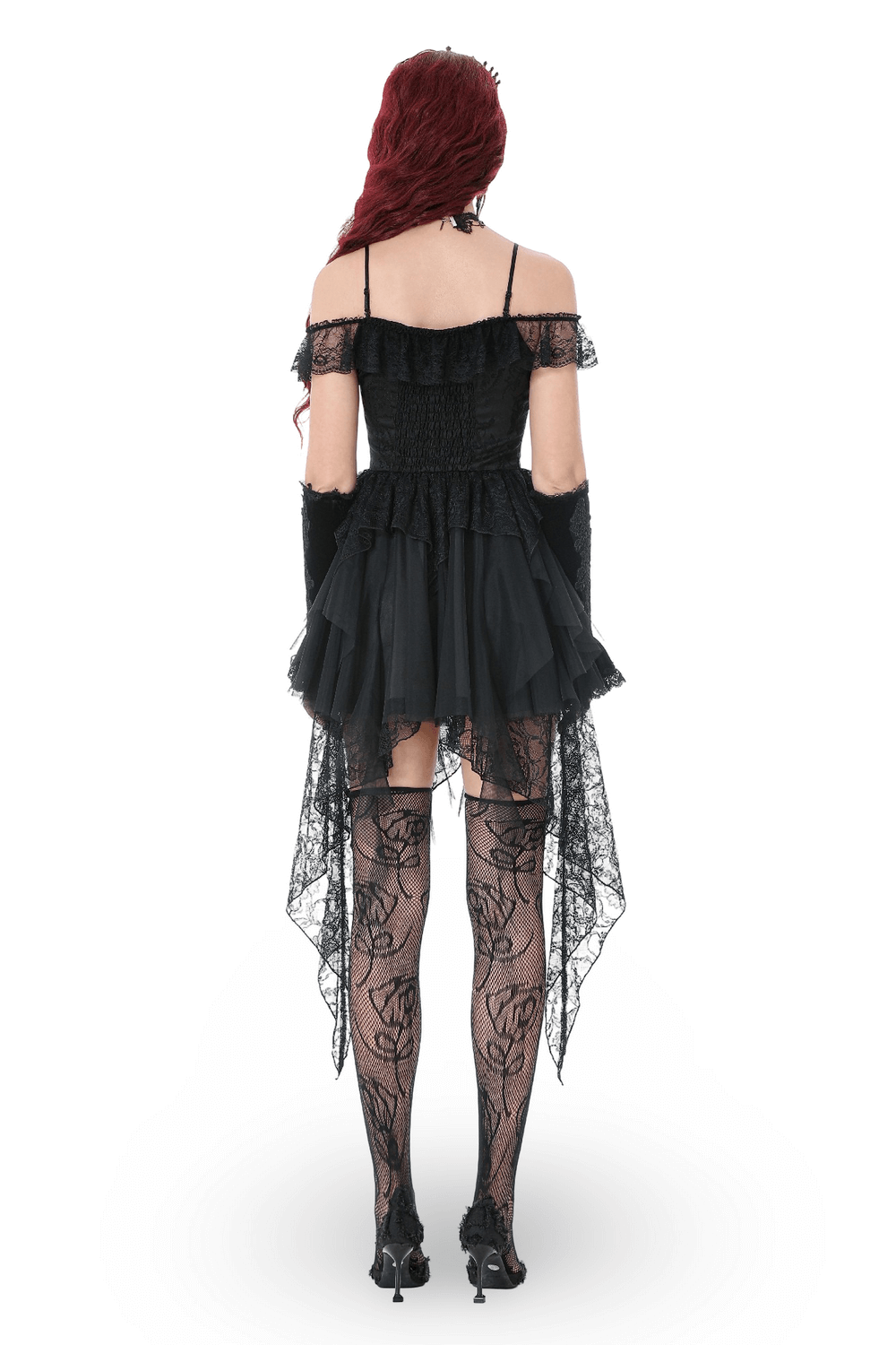 Back view of Gothic Lace High Low Corset Dress with Tulle Skirt showcasing the layered tulle and lace details.