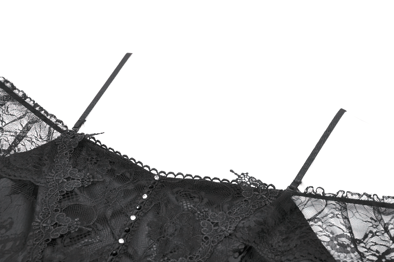 Gothic Lace High Low Corset Dress with Tulle Skirt showcasing intricate black lace details and straps.