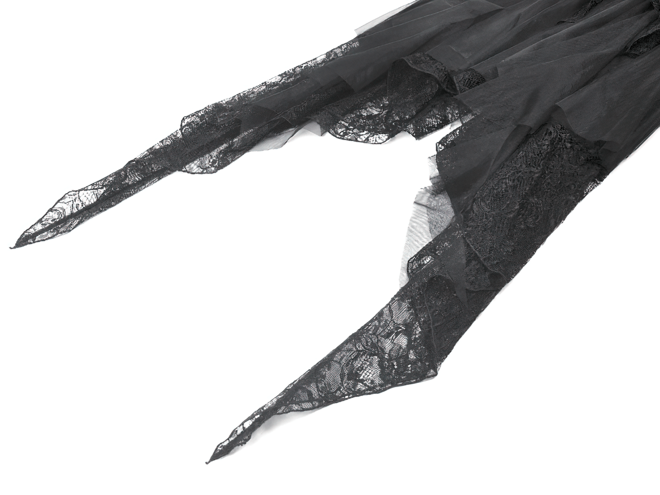 Lace and tulle details of the Gothic Lace High Low Corset Dress with Tulle Skirt showcasing a dramatic high-low hem.