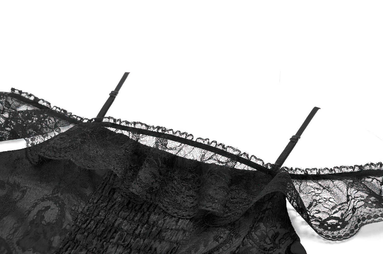 Gothic Lace High Low Corset Dress with Tulle Skirt featuring lace detail and off-shoulder design.