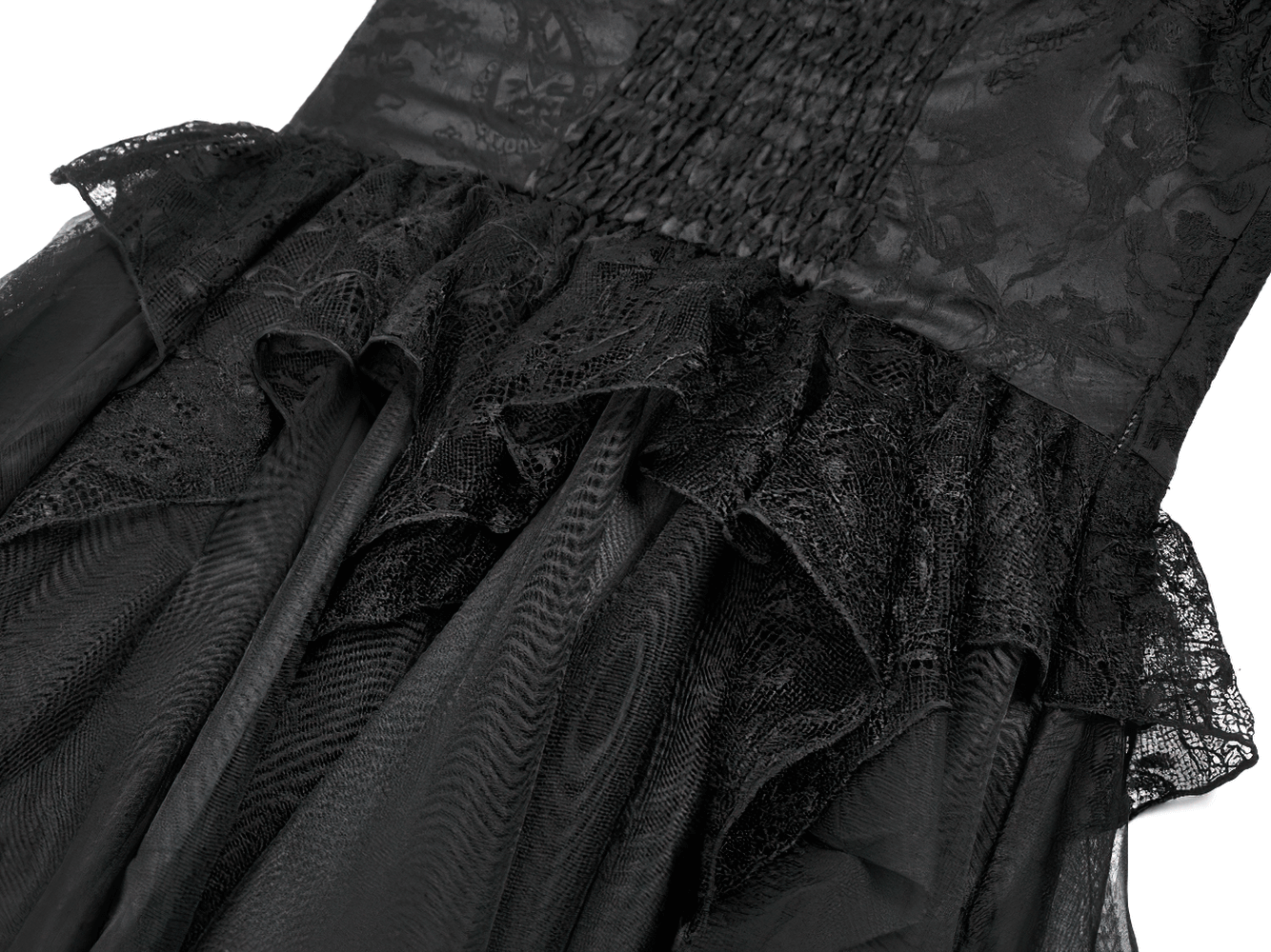 Gothic Lace High Low Corset Dress with Tulle Skirt features lace detailing and a layered tulle skirt for dramatic flair.