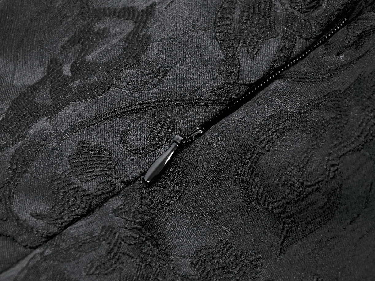 Gothic Lace High Low Corset Dress with Tulle Skirt close-up showing intricate black fabric detail and zipper.