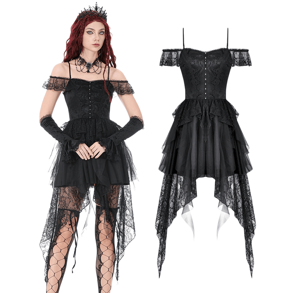 Gothic Lace High Low Corset Dress with Tulle Skirt featuring off-shoulder design and dramatic high-low hem.