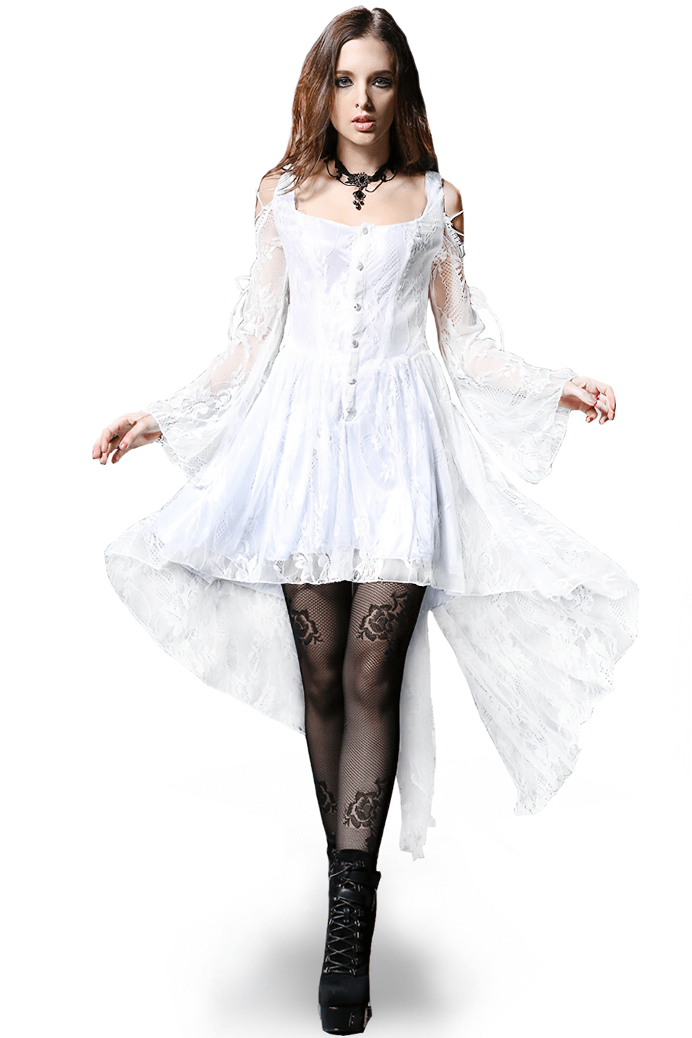 Victorian-inspired Gothic lace high-low dress with sheer sleeves and buttons, perfect for special occasions.