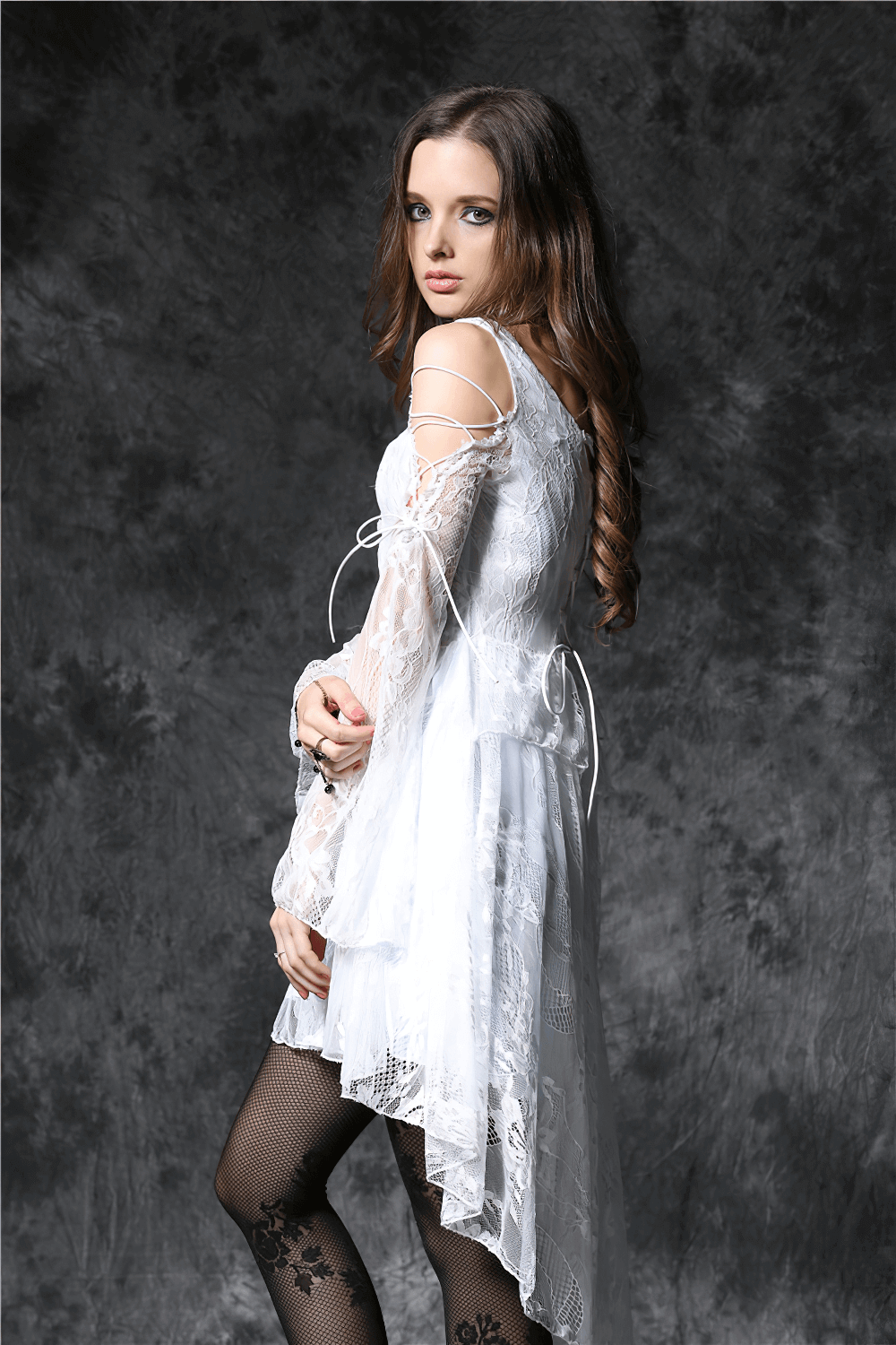 Gothic lace high-low dress with sheer sleeves, white layered fabric, and elegant lace details, perfect for special occasions.