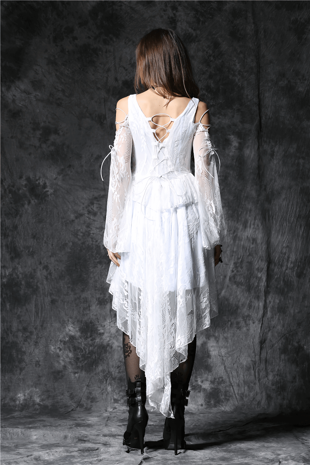 Gothic Lace High-Low Dress with Sheer Sleeves and Buttons