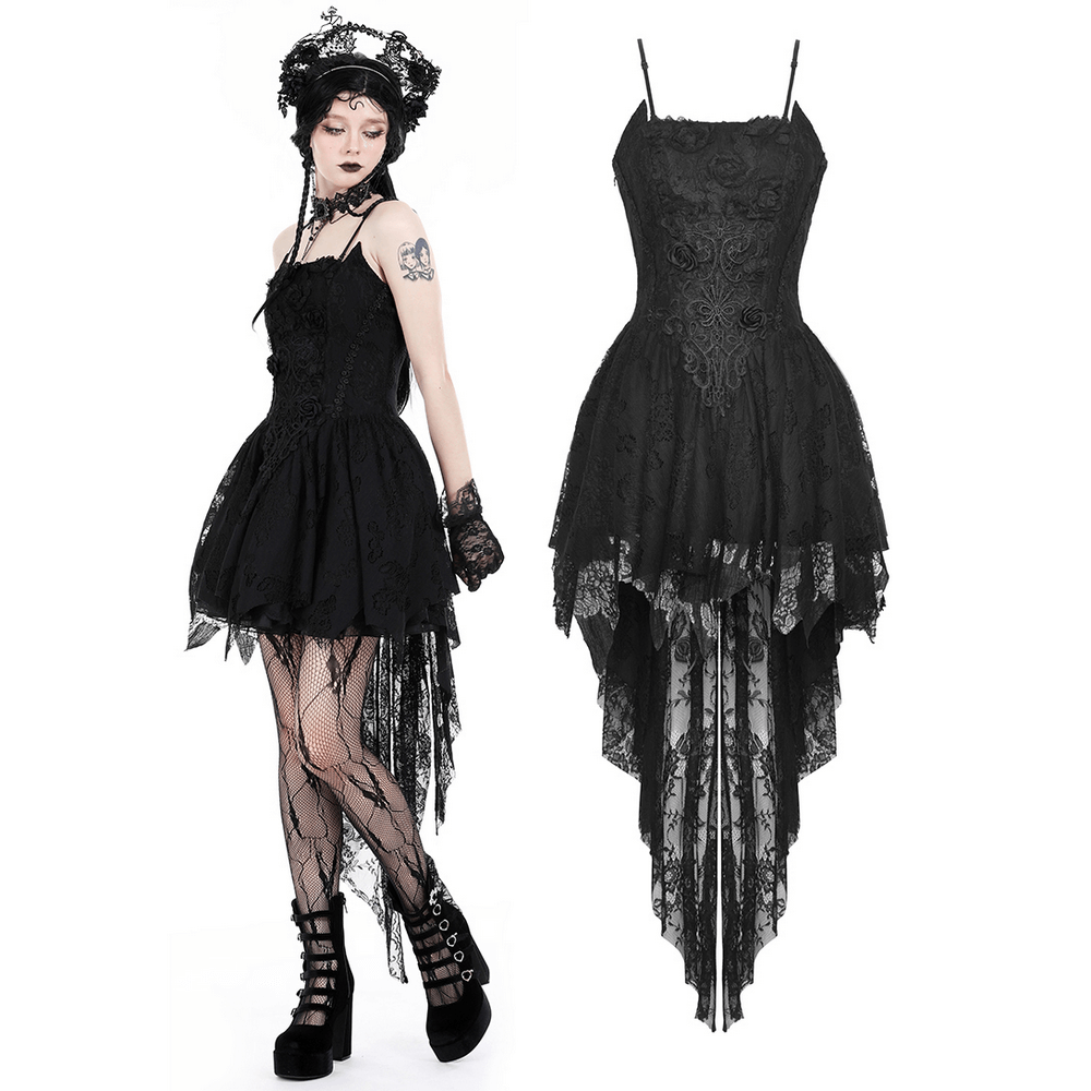 Gothic lace high-low dress with straps, black and elegant for women, perfect for parties and formal events.