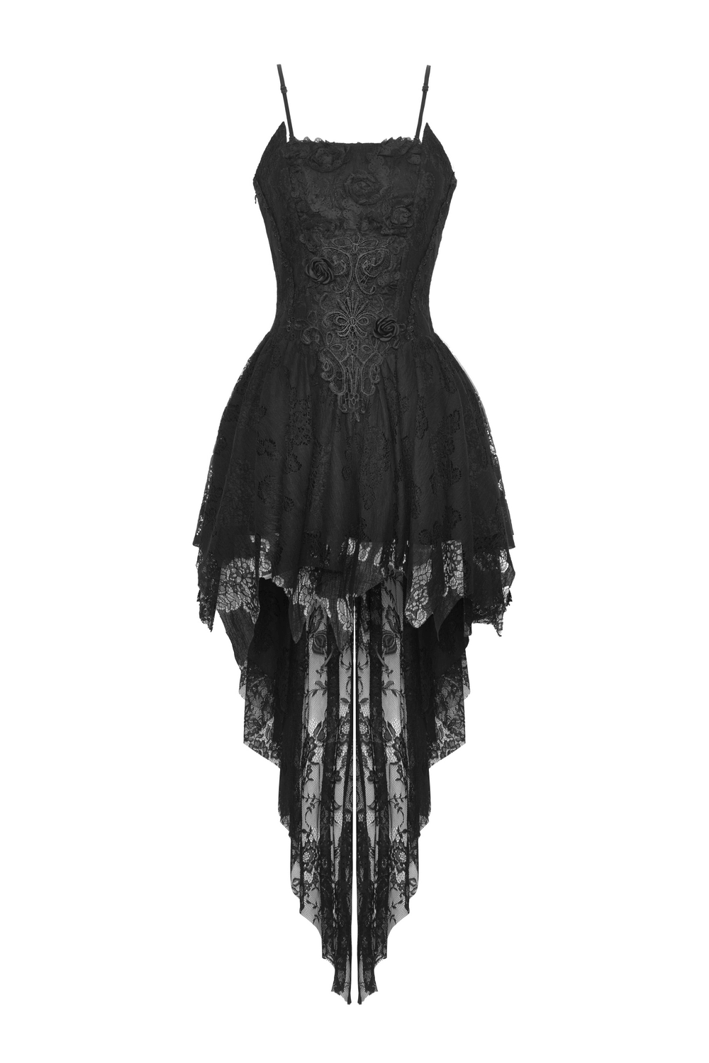 Gothic black lace high-low dress with straps and rose motif, perfect for formal events or night outings.