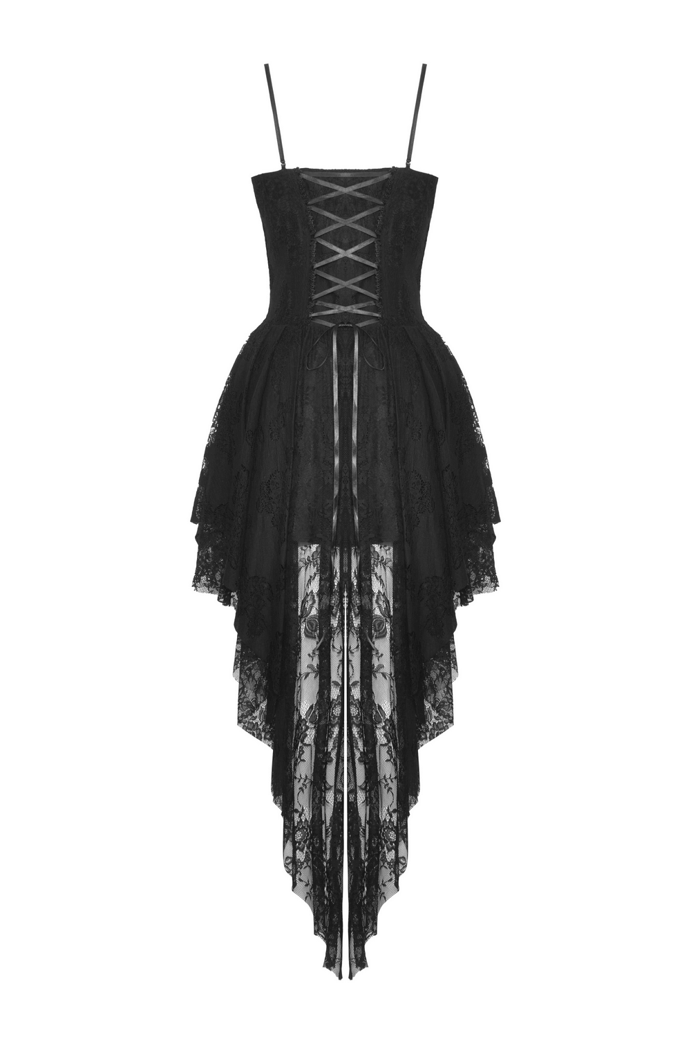 Gothic black high-low lace dress with straps and lace-up detail, perfect for parties and formal events.