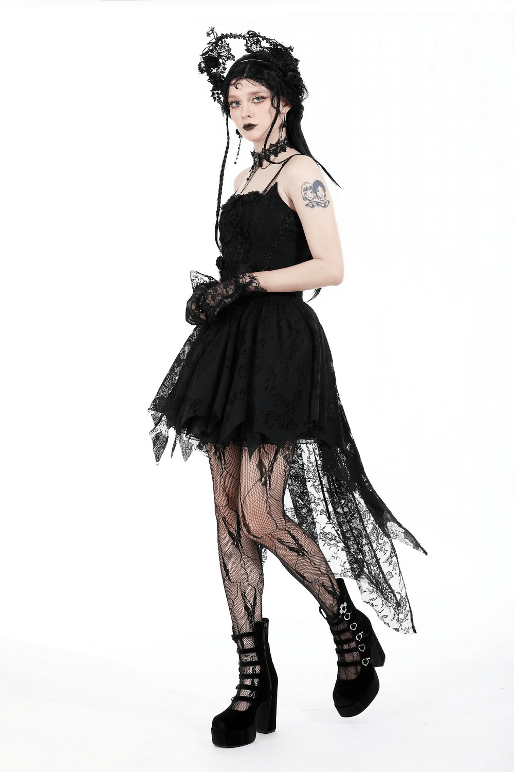 Gothic lace high-low dress with straps, perfect for parties, featuring black design and whimsical hemline.