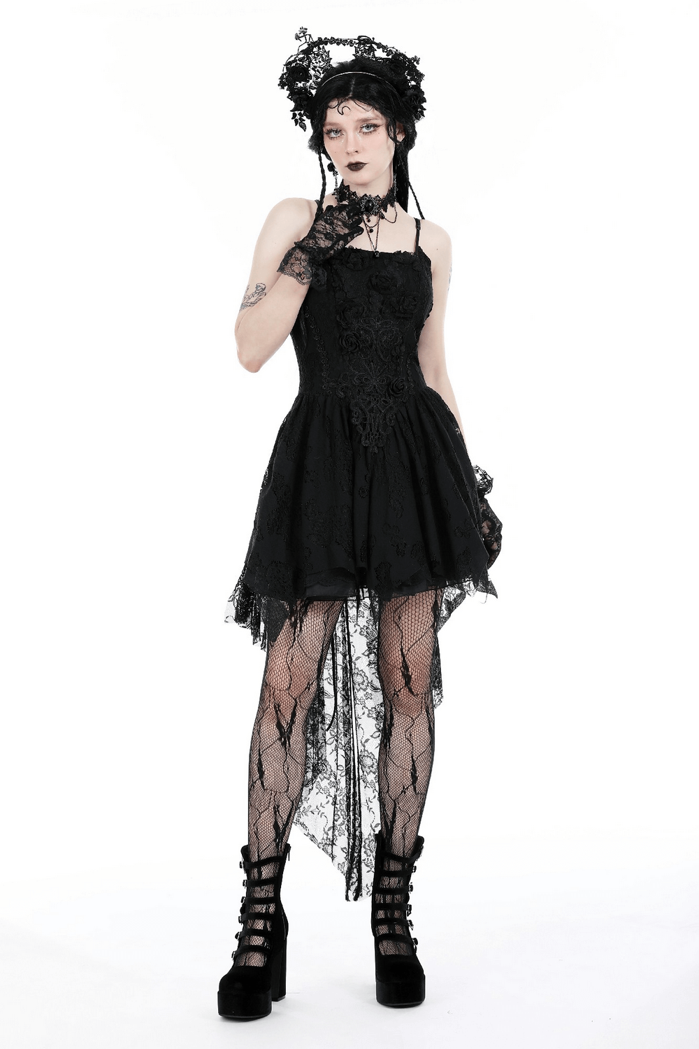 Gothic lace high-low dress with straps, featuring a rose motif and alluring black details, perfect for party attire.