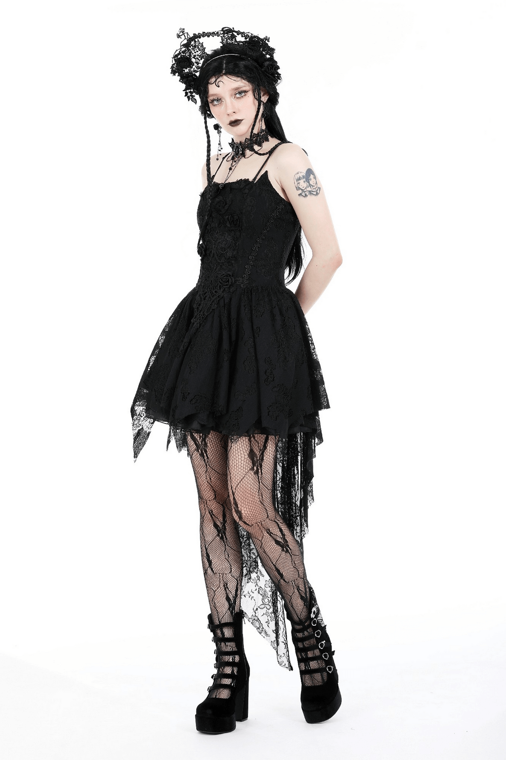 Gothic Lace High-Low Dress with Straps and Dovetail