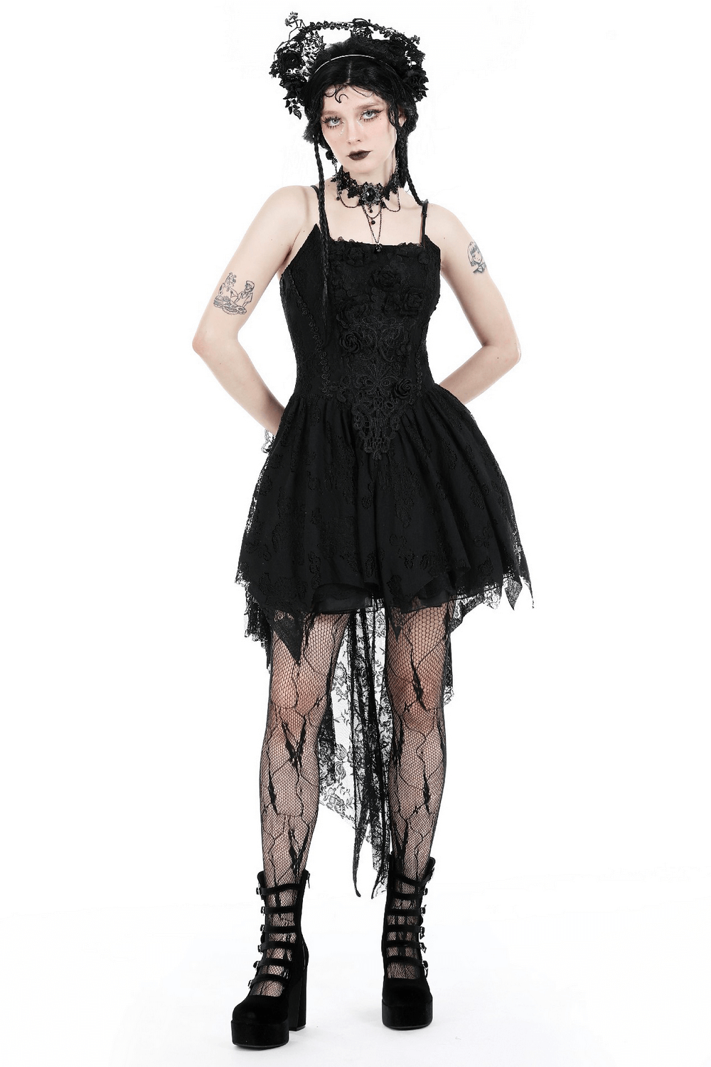 Gothic black lace high-low dress with straps, featuring a whimsical hem and elegant straps, perfect for parties.