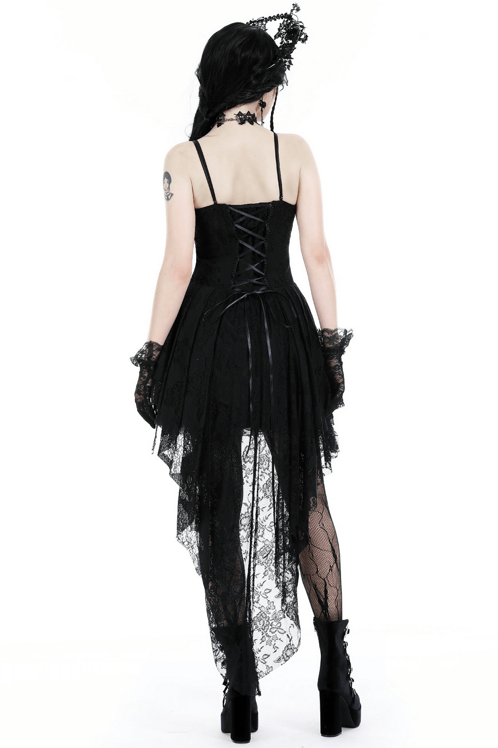 Back view of a gothic black lace high-low dress with straps and elegant lace detailing.