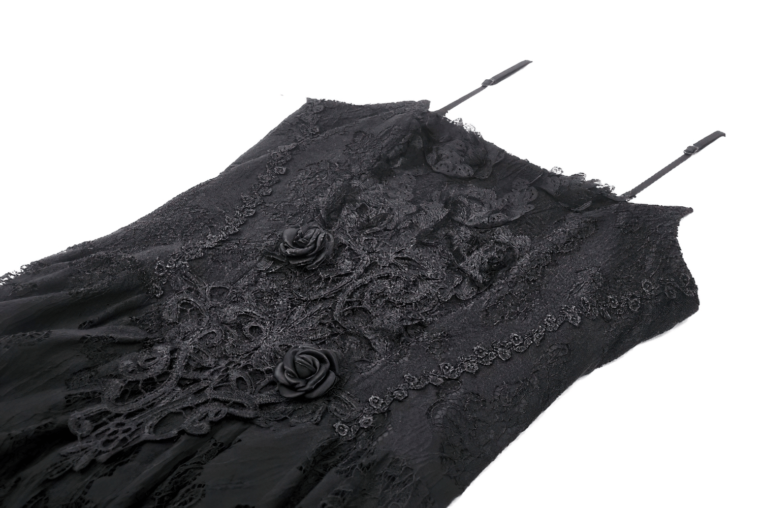 Gothic black lace high-low dress with strap details and rose motifs, perfect for elegant parties.