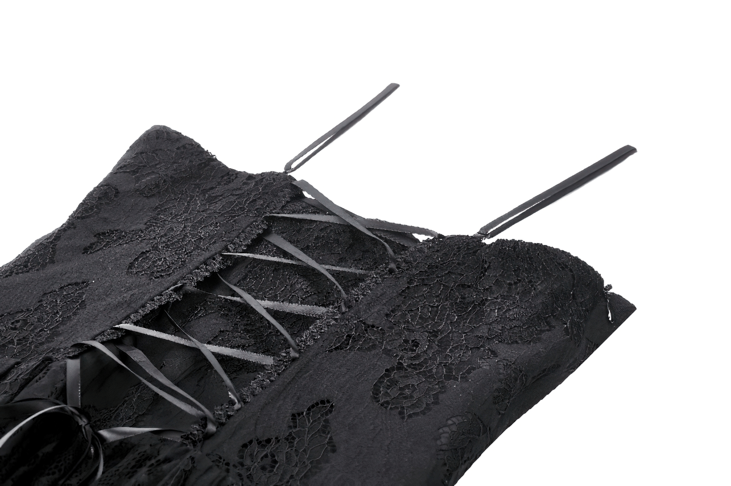 Gothic black lace dress with straps, detailed lace overlay, and high-low hem for a dramatic and elegant look.