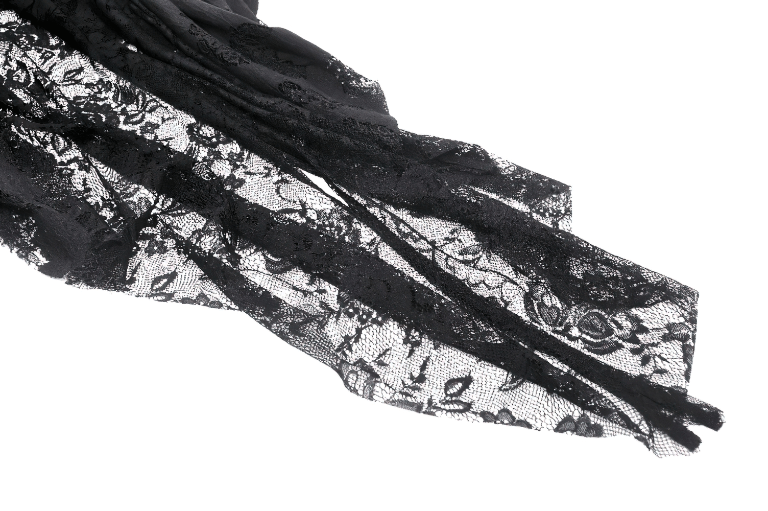 Close-up of delicate black lace fabric with floral patterns, perfect for a gothic high-low dress.