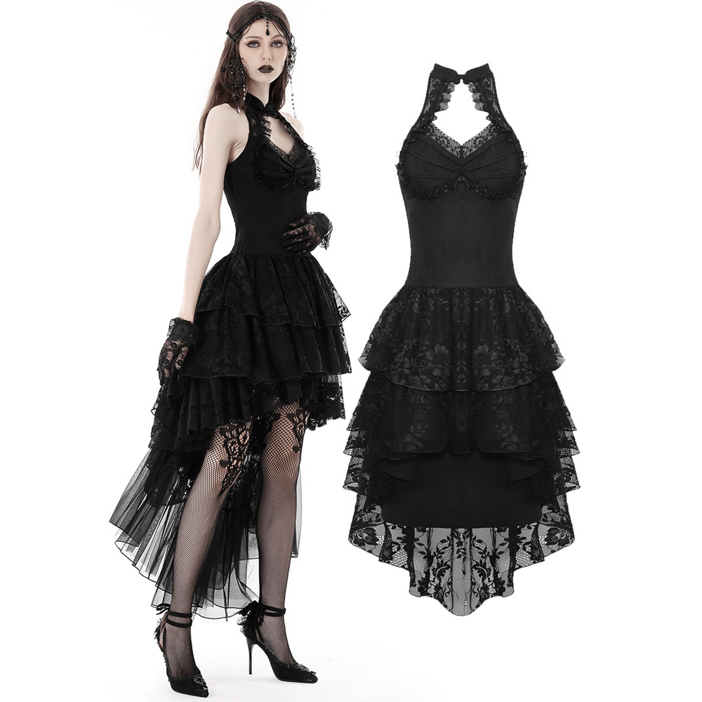 Vintage-inspired gothic lace high-low halter dress with tiered skirt, perfect for evening events and special occasions.