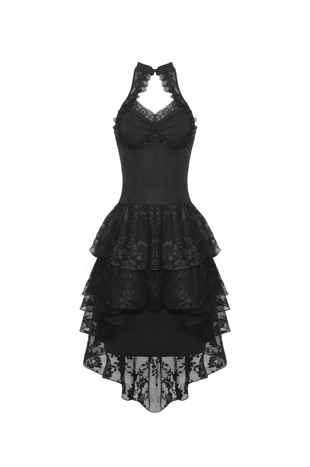 Gothic lace high-low halter dress with tiered skirt, perfect for vintage-inspired evening events.
