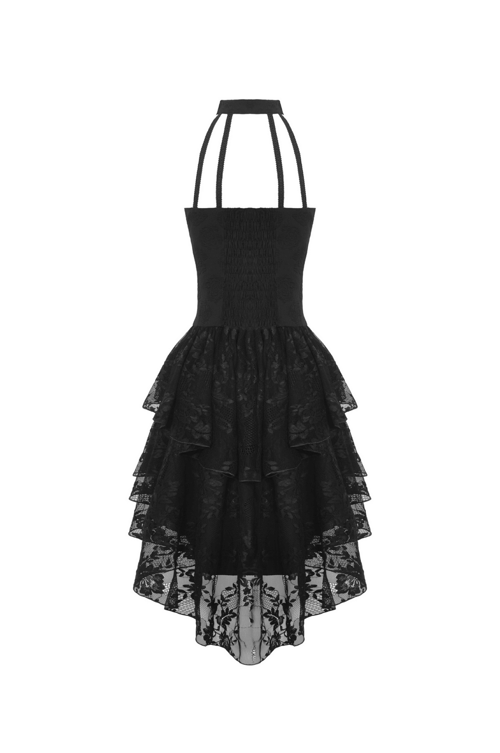Gothic lace high-low halter dress with tiered skirt for vintage-inspired evening events.