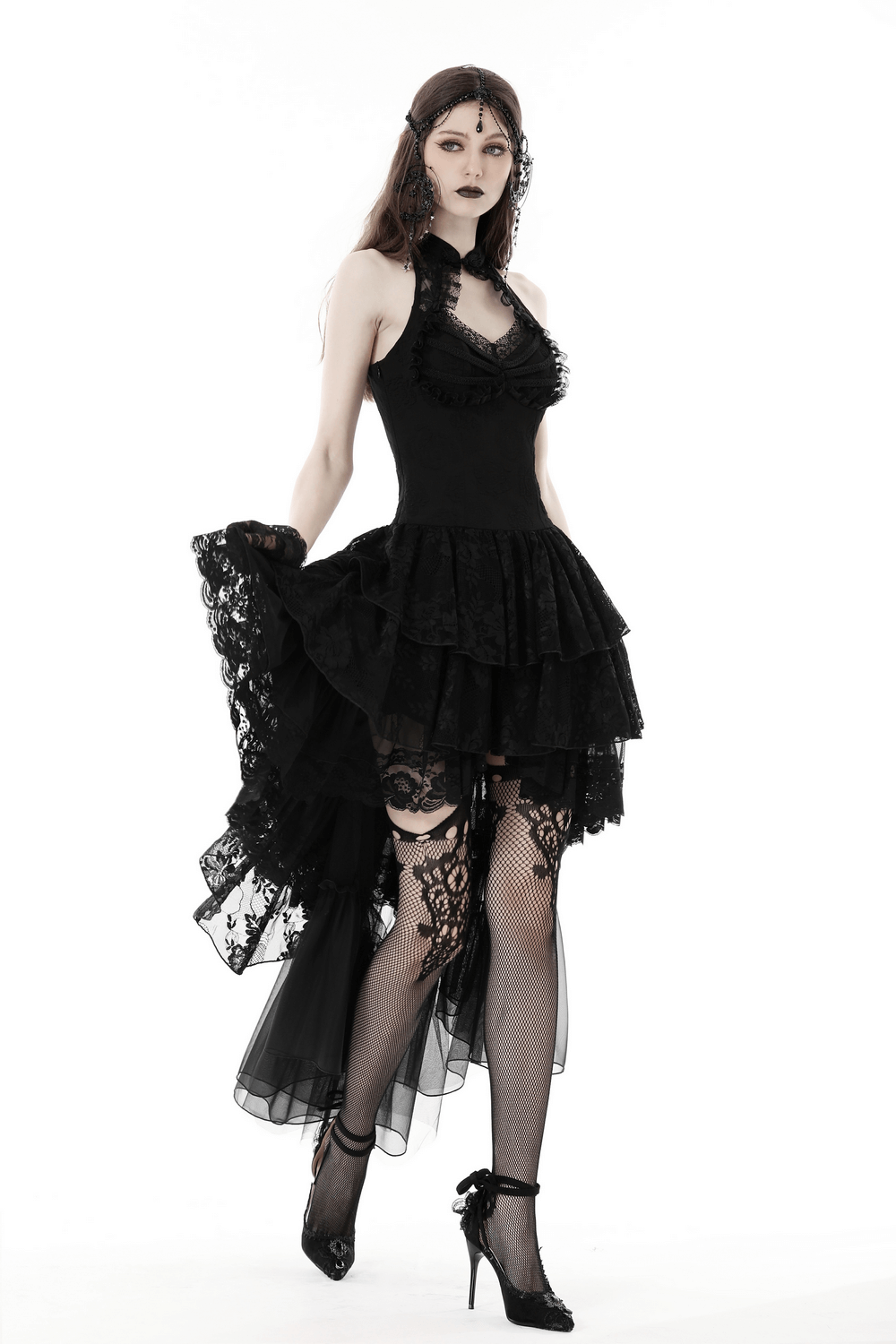 Elegant Gothic Lace High-Low Halter Dress, featuring tiered skirt, perfect for evening events and special occasions.