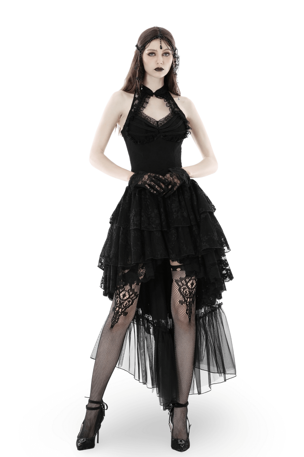 Gothic Lace High-Low Halter Dress with Tiere Skirt