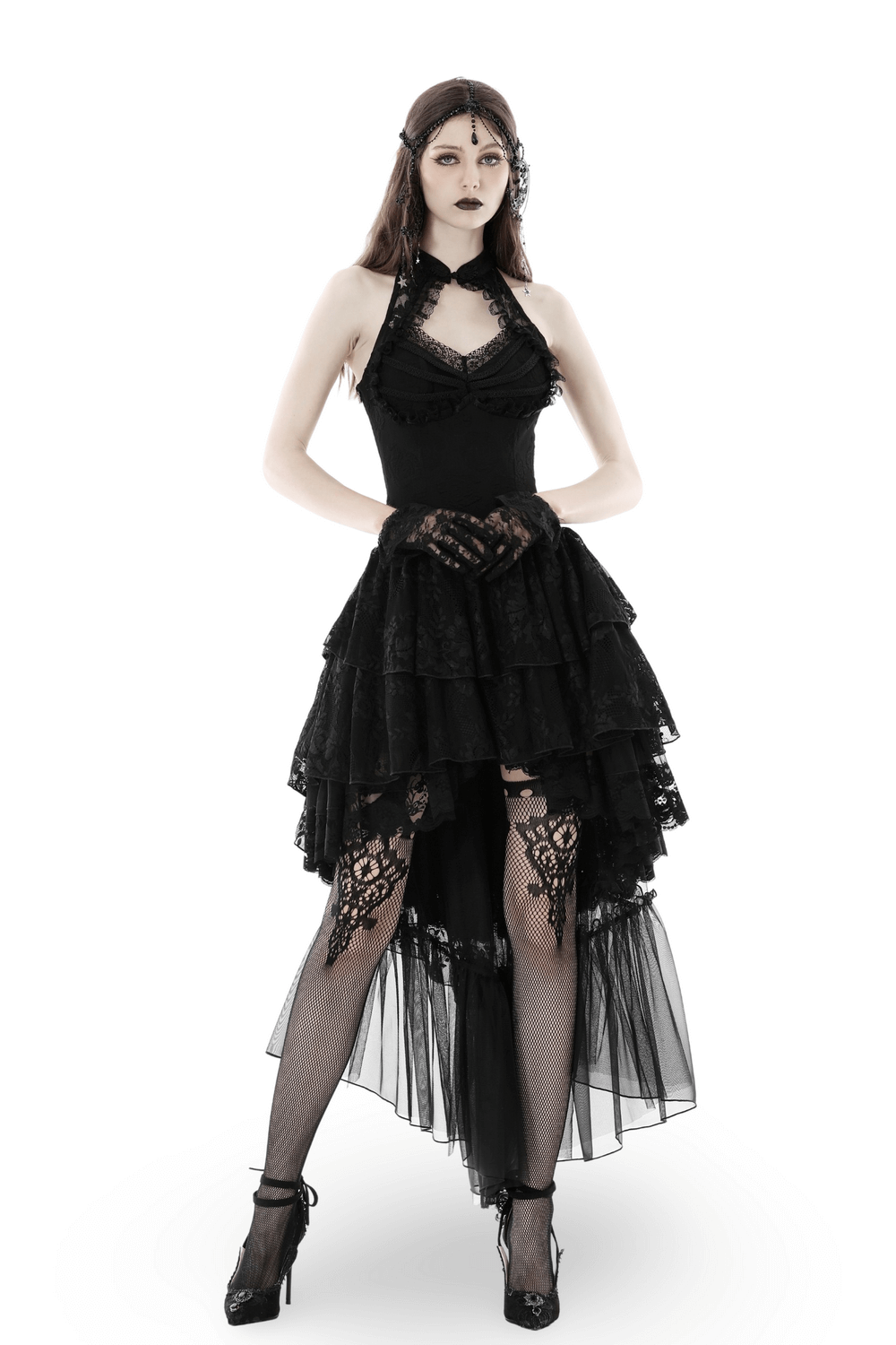 Elegant gothic lace high-low halter dress with tiered skirt, perfect for evening events and unique fashion statements.