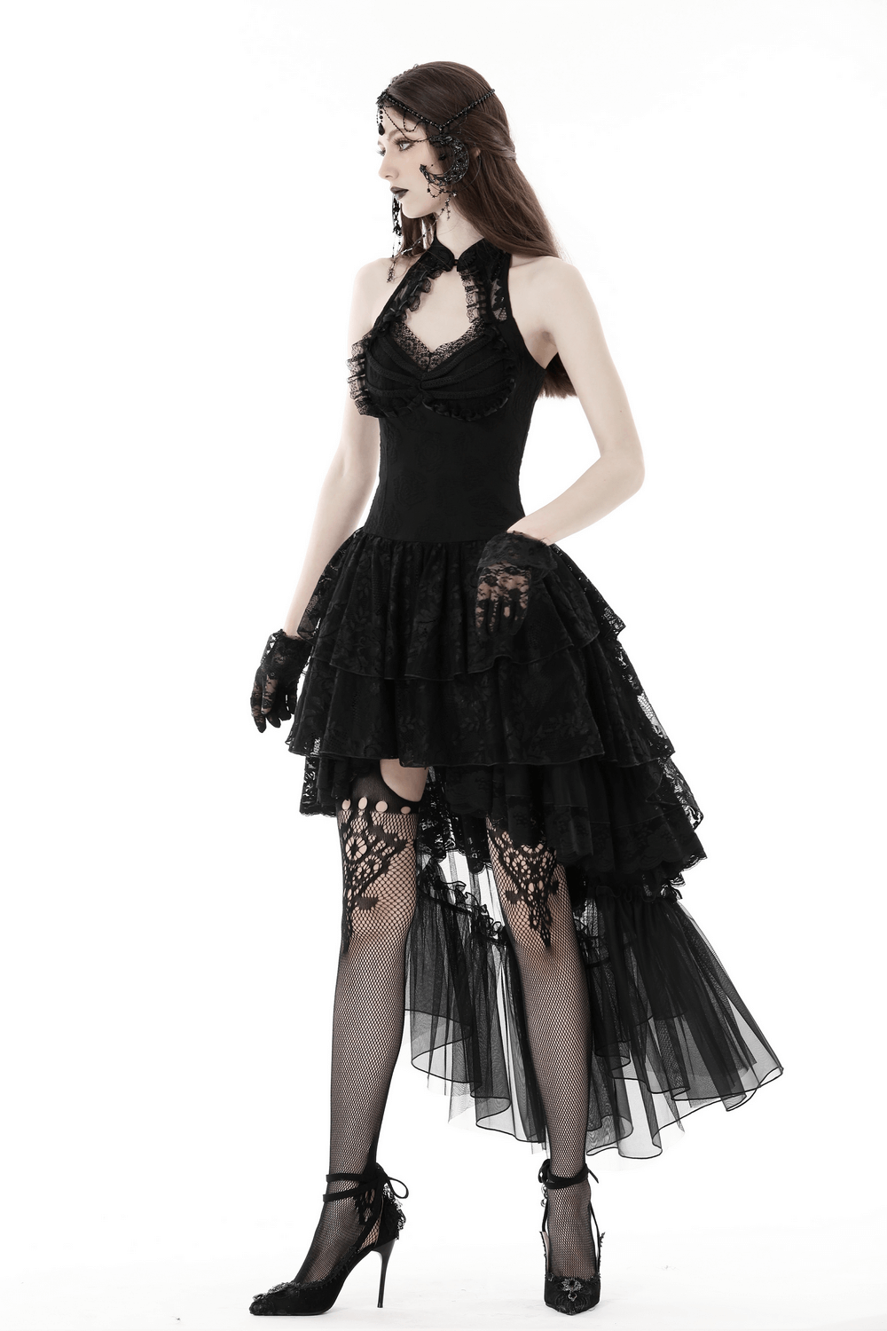 Gothic lace high-low halter dress with a tiered skirt, perfect for vintage-inspired evening events.