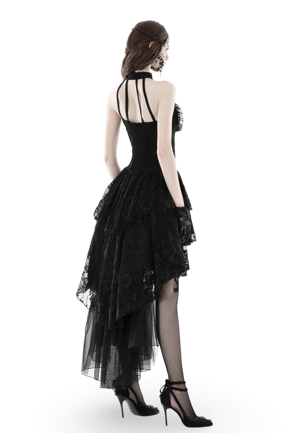 Back view of a Gothic Lace High-Low Halter Dress with tiered skirt, perfect for evening events and gothic fashion.