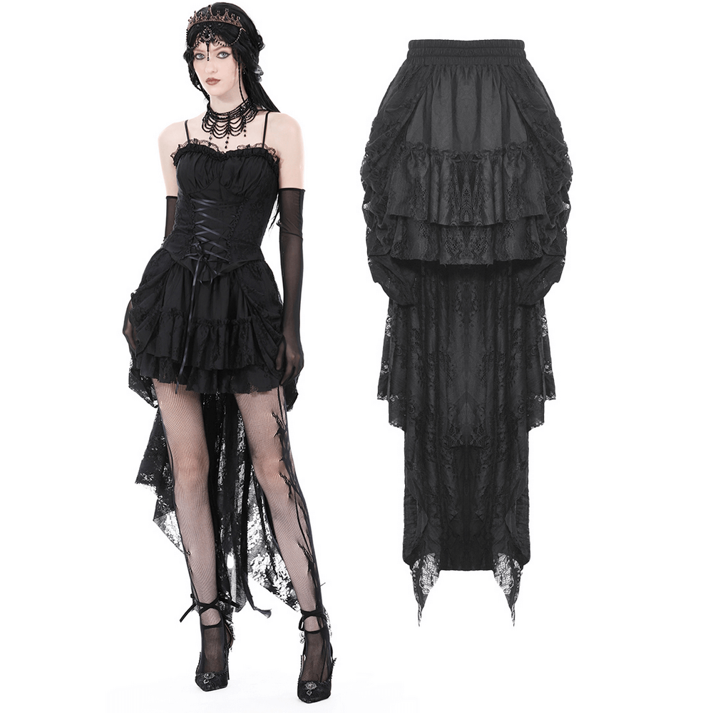 Gothic lace high-low skirt with romantic ruffles, perfect for a dark princess look or edgy night out.