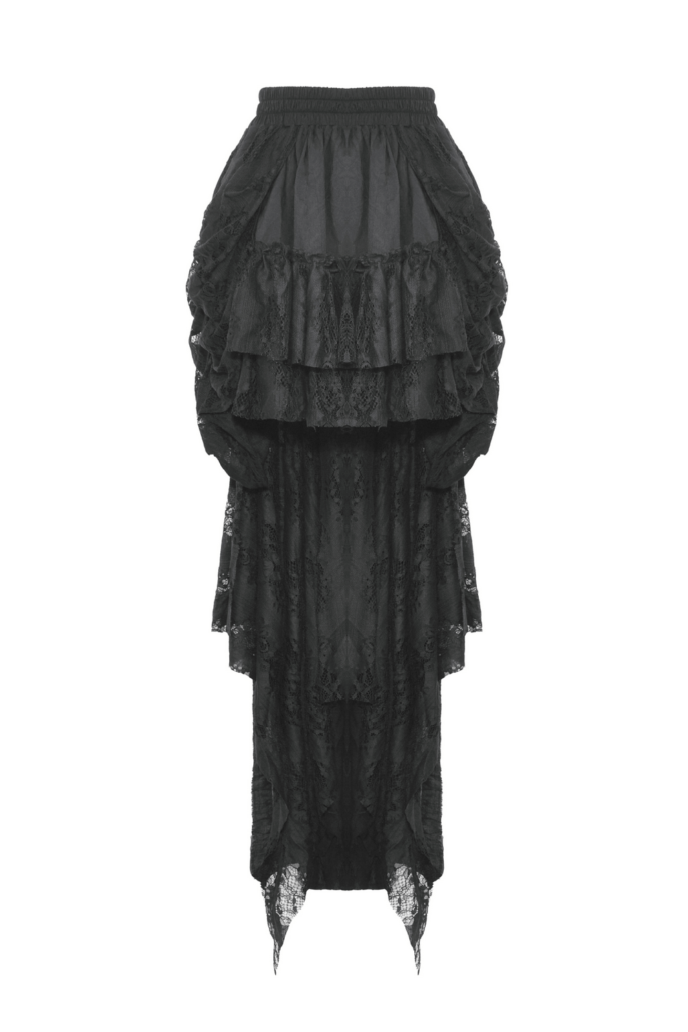 Gothic black lace high-low skirt featuring romantic ruffles and an asymmetrical hemline for a dramatic silhouette.