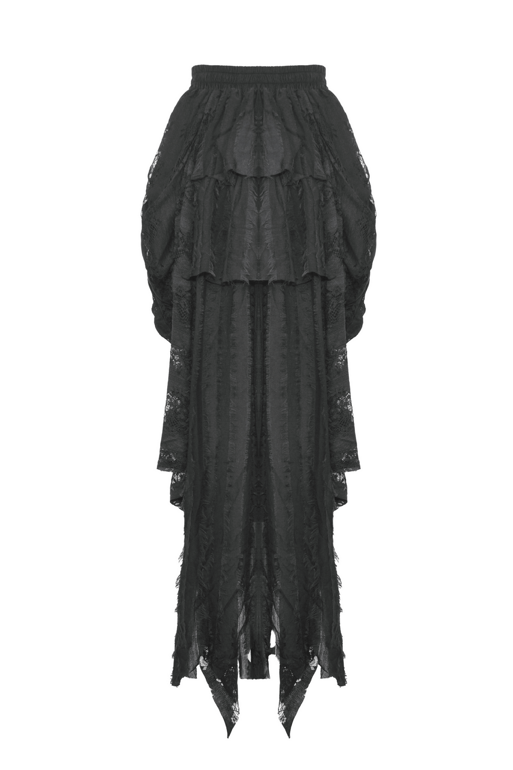 Black Gothic lace high-low skirt featuring romantic ruffles and an asymmetrical hemline for a dramatic look.