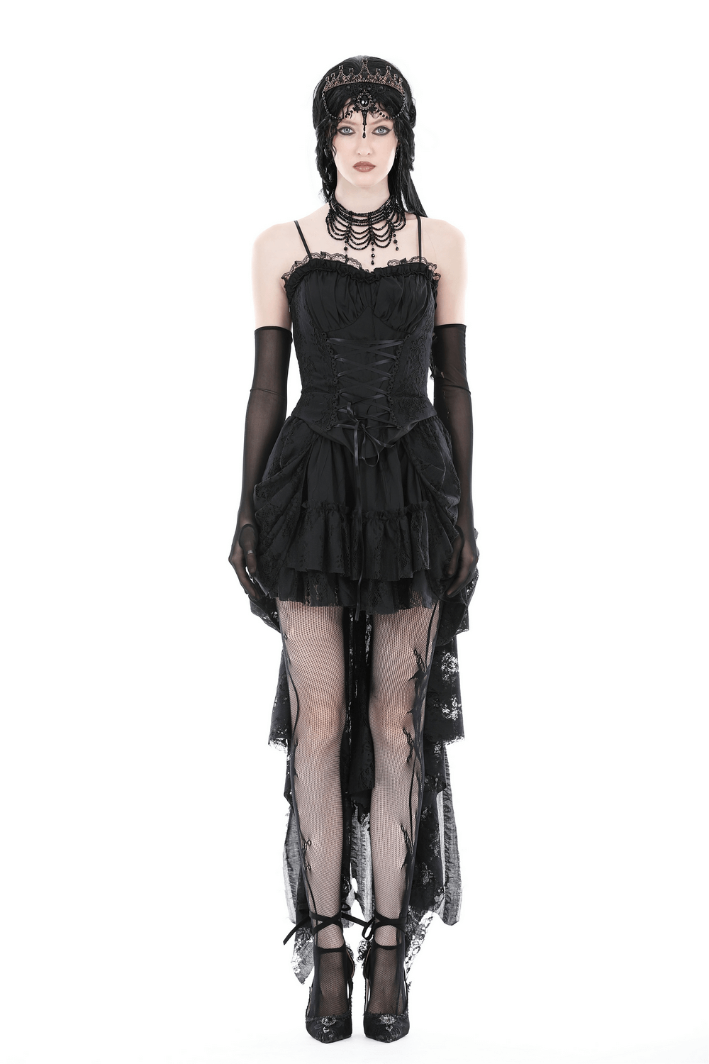 Gothic lace high-low skirt with romantic ruffles, perfect for a night out or dark fantasy style.