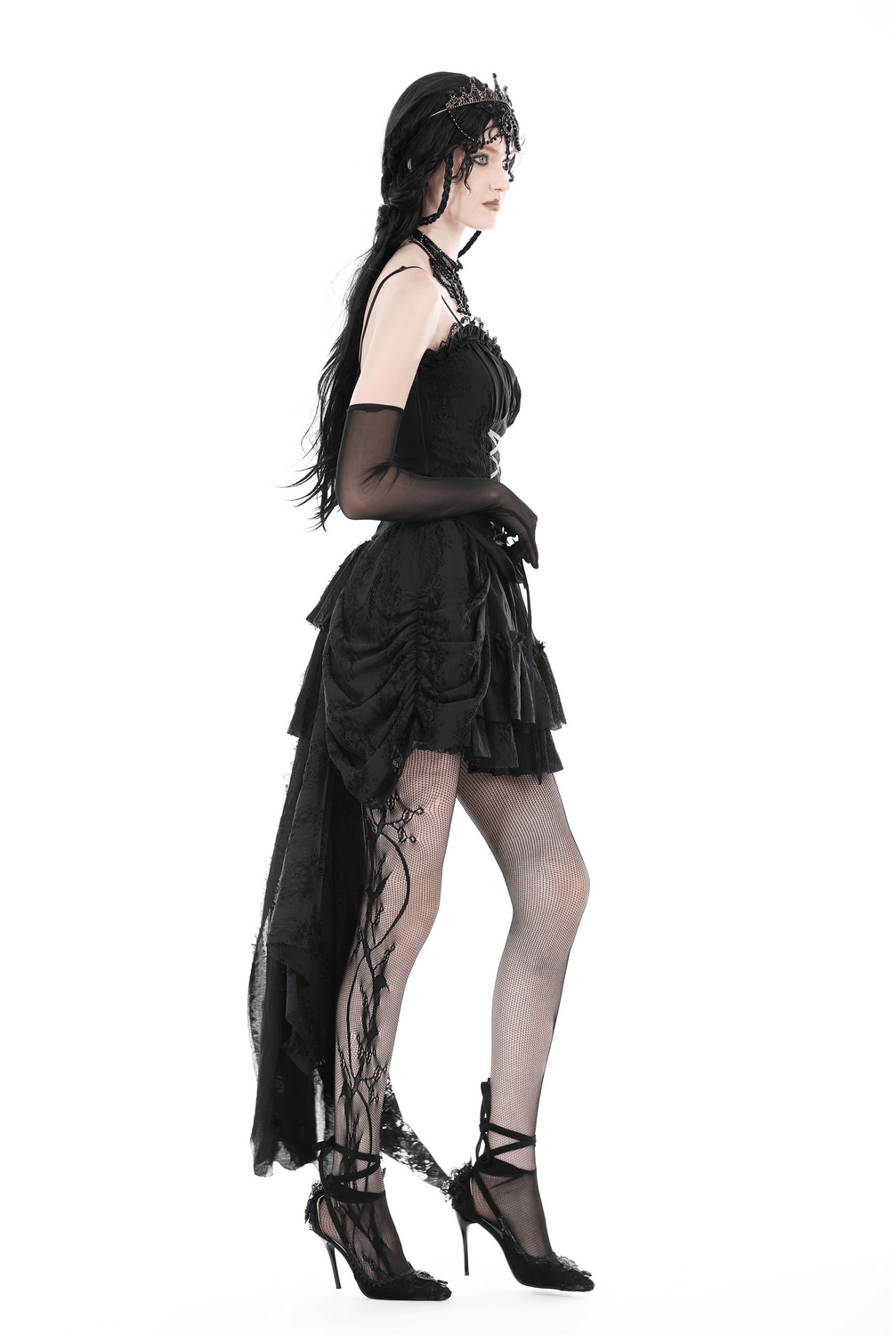 Elegant Gothic high-low black lace skirt with romantic ruffles, showcasing a dramatic asymmetrical silhouette.