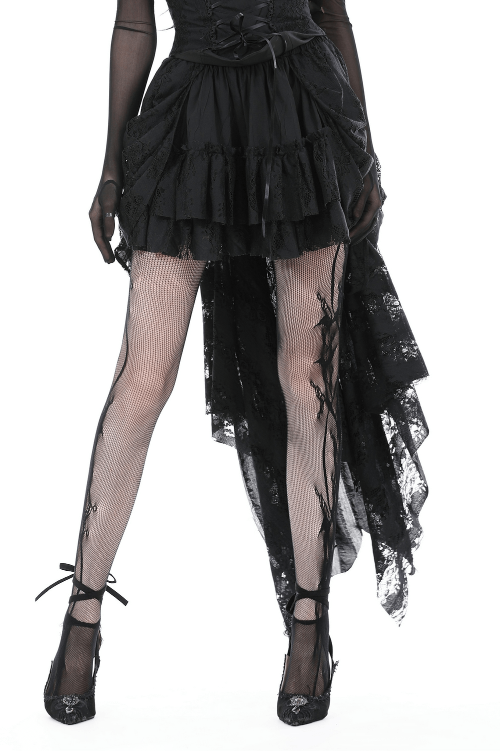 Gothic Lace High-Low Skirt with Romantic Ruffles for Women