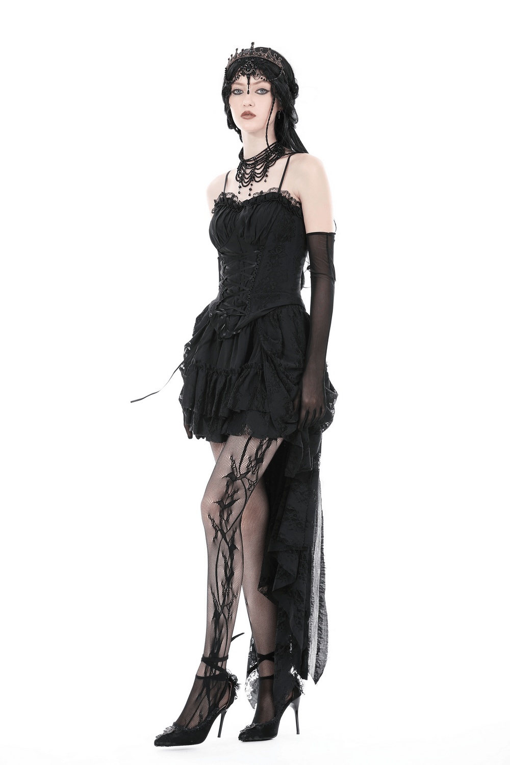 Gothic lace high-low skirt with romantic ruffles, paired with elegant accessories for a dramatic look.
