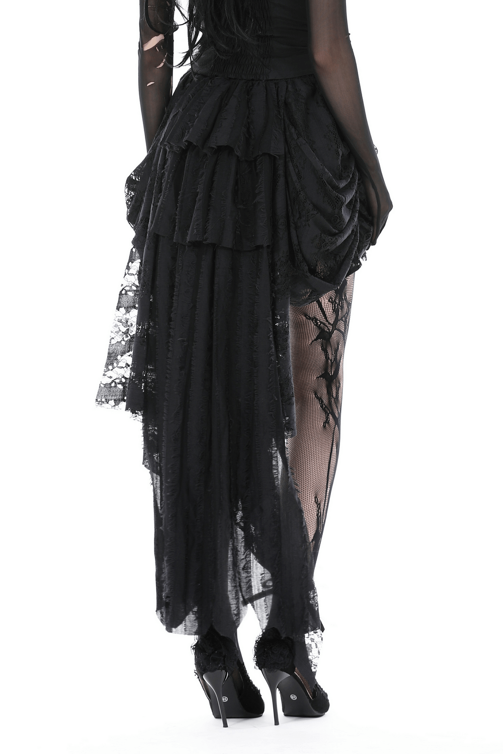 Gothic black lace high-low skirt featuring dramatic ruffles and asymmetrical hem design, perfect for a dark romantic look.