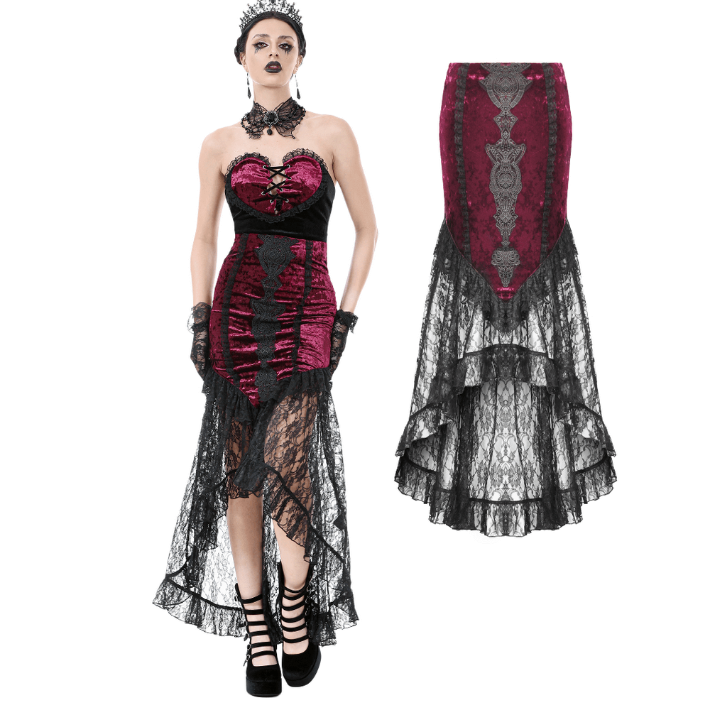 Gothic lace high-low skirt with velvet brocade front, perfect for vampire cosplay and alternative fashion.