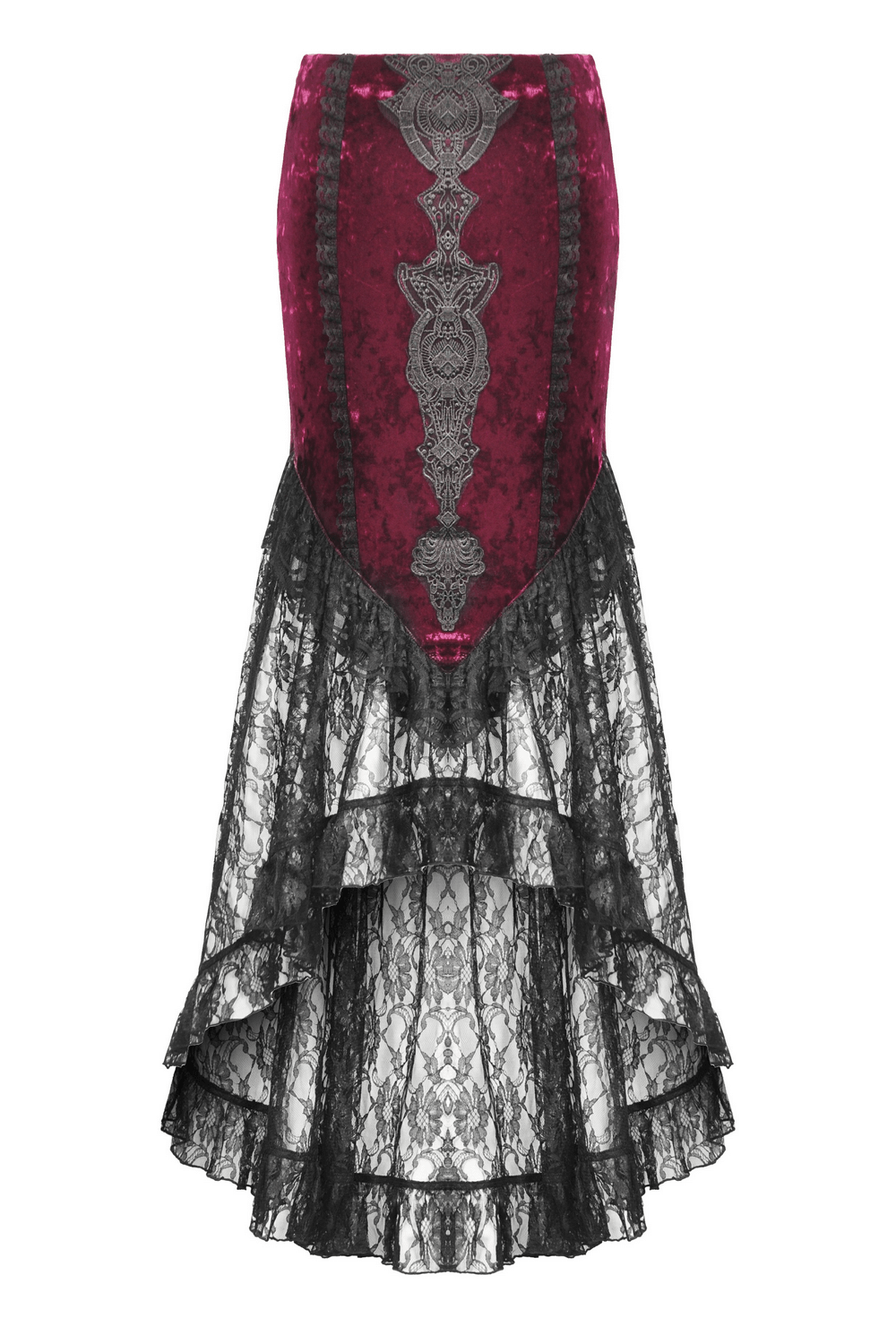 Gothic lace high-low skirt in burgundy velvet and black lace, featuring Victorian embroidery and corset lacing.
