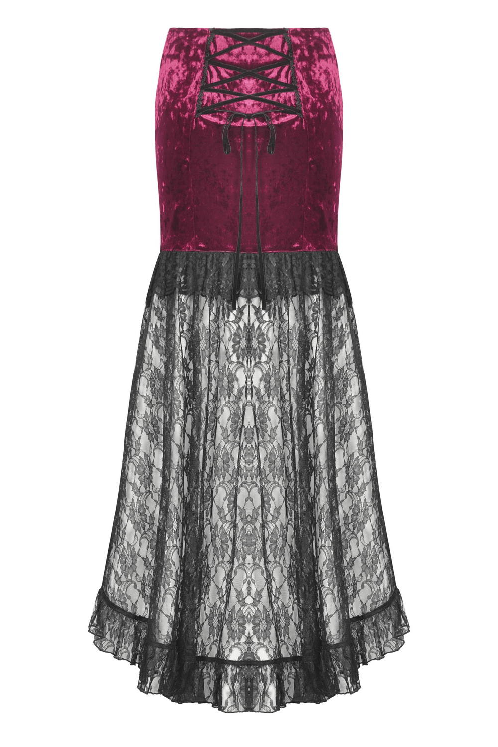 Gothic high-low skirt featuring burgundy crushed velvet and layered black lace for a dramatic, Victorian-inspired silhouette.