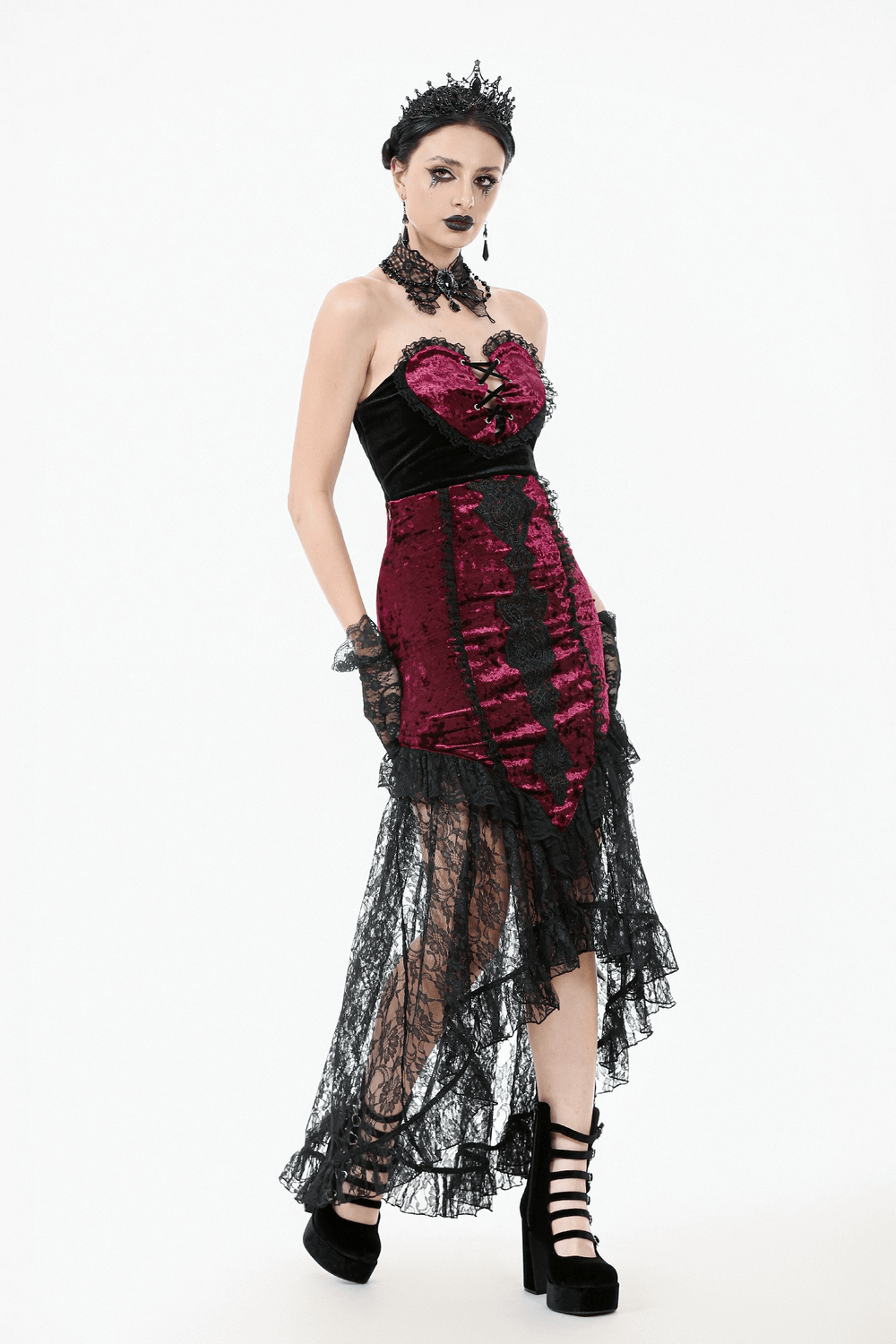Gothic lace high-low skirt with velvet brocade, perfect for vampire cosplay and dark romantic looks.