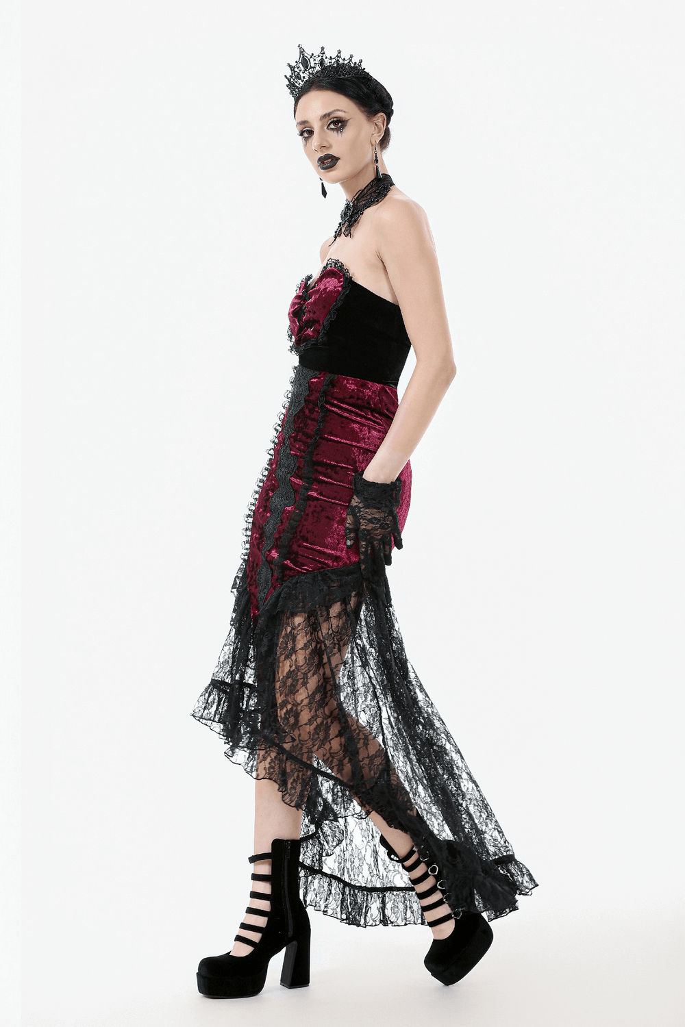 Gothic lace high-low skirt with velvet brocade, perfect for vampire cosplay and alternative fashion.