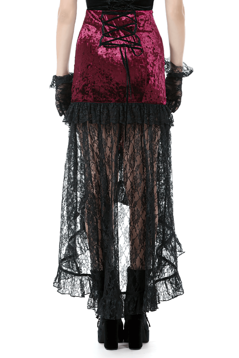 Back view of gothic high-low skirt featuring burgundy crushed velvet and black lace layers with corset lacing.