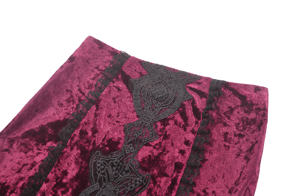 Gothic velvet skirt showcasing burgundy crushed velvet and intricate black lace detailing.